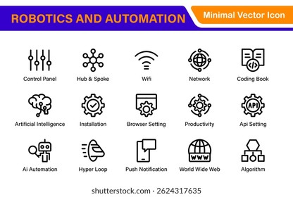Paquete de iconos de robótica futurista y automatización: Ilustraciones vectoriales de línea limpia para IA, tecnología inteligente, industria 4.0, innovación y aprendizaje automático