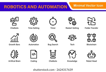 Futuristic Robotics and Automation Icon Pack – Clean Line Vector Illustrations for AI, Smart Tech, Industry 4.0, Innovation, Machine Learning