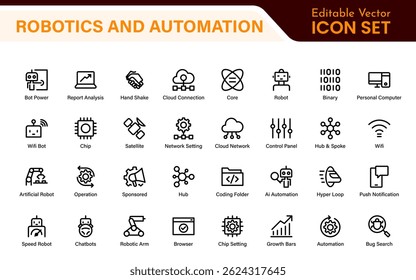 Futuristic Robotics and Automation Icon Pack – Clean Line Vector Illustrations for AI, Smart Tech, Industry 4.0, Innovation, Machine Learning