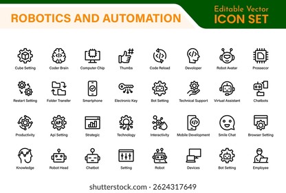 Futuristic Robotics and Automation Icon Pack - Ilustrações de vetor de linha limpa para IA, Smart Tech, Indústria 4.0, Inovação, Aprendizagem de máquina