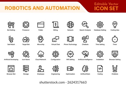 Futuristic Robotics and Automation Icon Pack - Ilustrações de vetor de linha limpa para IA, Smart Tech, Indústria 4.0, Inovação, Aprendizagem de máquina
