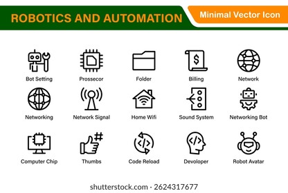 Futuristic Robotics and Automation Icon Pack – Clean Line Vector Illustrations for AI, Smart Tech, Industry 4.0, Innovation, Machine Learning