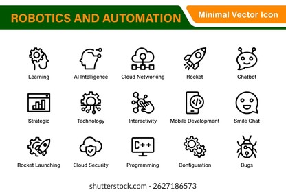 Paquete de iconos de robótica futurista y automatización: Ilustraciones vectoriales de línea limpia para IA, tecnología inteligente, industria 4.0, innovación y aprendizaje automático
