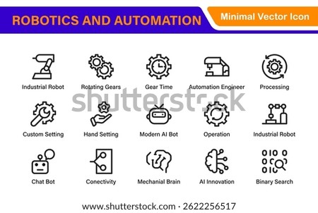 Futuristic Robotics and Automation Icon Pack – Clean Line Vector Illustrations for AI, Smart Tech, Industry 4.0, Innovation, Machine Learning