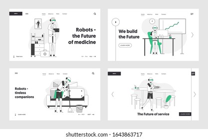 Futuristic Robotics Technologies Website Landing Page Set. Cyborg Doctor Diagnosis Treatment, Robot Waiter in Cafe and Ai House Cleaner Web Page Banner. Cartoon Flat Vector Illustration, Line Art