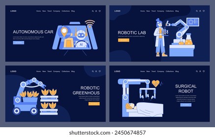 Futuristic robotics web banner collection. Autonomous driving, agricultural innovation, scientific research, and surgical precision. The robotic revolution depicted. Vector illustration.