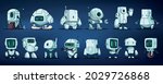 Futuristic robots color collection of primitive wheeled droid robot assistant robot postman humanoid cartoon characters isolated vector illustration