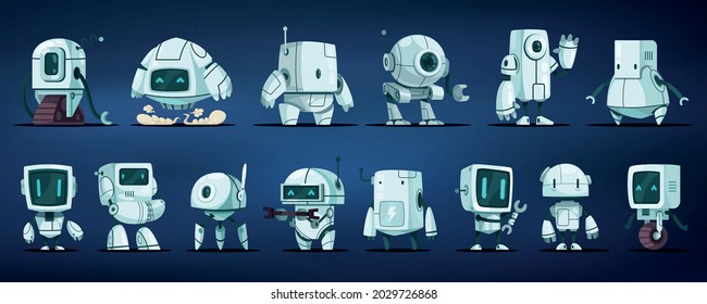 Futuristic Robots Color Collection Of Primitive Wheeled Droid Robot Assistant Robot Postman Humanoid Cartoon Characters Isolated Vector Illustration