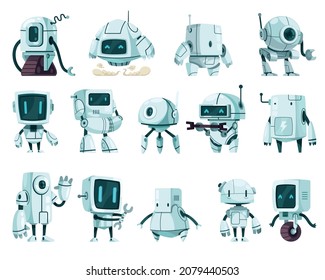 Futuristic robots cute cartoon characters of different shapes functions and construction isolated vector illustration