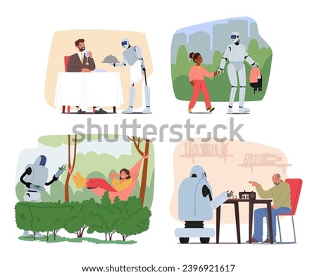 Futuristic Robots Execute Daily Human Routines, Serving In Restaurant, Walk With Kids, Gardening and Playing Chess. Cyborgs Helping Characters With Households And Spare Time Activities. Vector Set