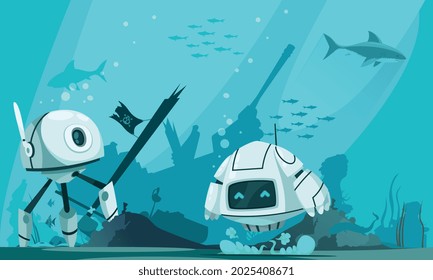 Robots futuristas Composición marina con dos personajes de dibujos animados y guiados explorando la ilustración de los vectores planos de los fondos marinos