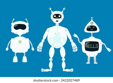 Robots futuristas ilustran vectores. Juego de robots. Conjunto de vectores robot AI. Robots de inteligencia artificial