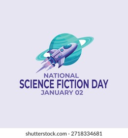 Cohete futurista sobrevolando un planeta anillado con el texto "Día Nacional de la Ciencia Ficción 02 de enero"