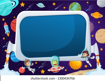 Futuristic rocket screen board with astronaut cartoon children and alien in the space.