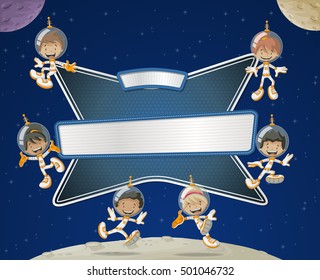 Futuristic rocket screen board with astronaut cartoon children in the space.