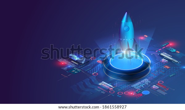 Futuristic rocket takes off, on a blue\
background with dashboard chart and graphs. Startup concept in\
isometric. Business Start up launching product with rocket concept.\
Template and\
Background.