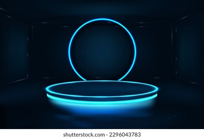 Habitación futurista con podio circular de neón y lámpara redonda de neón. Espacio 3D con escenario vacío. Oscuro Salón Futurista con podio y Efecto de luz, resplandor, reflexión, resplandor. Etapa para mostrar el producto. Vector