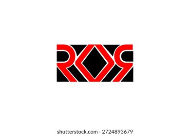 Logotipo ROR futurista com formas R espelhadas vermelhas e diamante O sobre fundo preto, negrito e angular