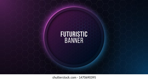 Futuristic round banner with honeycomb pattern. High tech design. Blue and purple glowing neon honeycombs. Vector illustration. EPS 10
