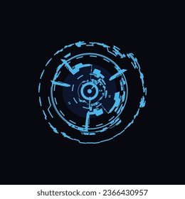 Futuristic round frame, vector illustration for web design isolated on black background. Neon game element for ui interface, digital sci fi drawing. Abstract ripped form in blue color.