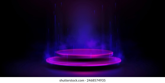 Plataforma redonda futurista sobre fondo negro. Ilustración realista de Vector de teletransporte circular con luz rosa y efecto de humo azul, futuro portal de tecnología cibernética, sala de exposición de presentación de productos