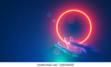 Futuristic round red neon frame over hand human. Abstract circle light hanging over palm of scientist. template banner for technological presentation with place for logo. Future science background.