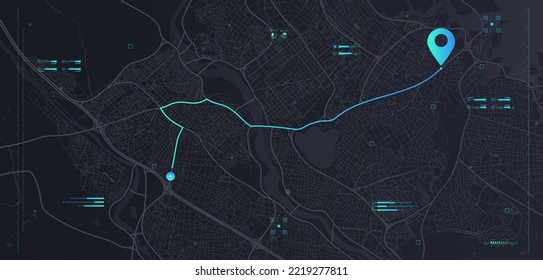Futuristic route dashboard. Geolocation and navigation, digital map, GPS. Travel and tourism, home delivery and package tracking. Poster or banner for website. Cartoon flat vector illustration