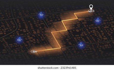 Futuristic Route Dashboard GPS Map Tracking: Cutting-edge Technology for Navigation and Tracking Routes. Pick up taxi. Passenger location sharing for driver. City top view. Vector Illustration.