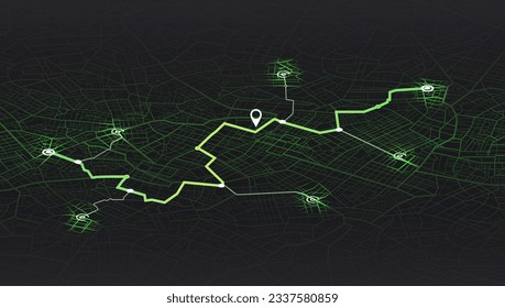 Futuristic Route Dashboard GPS Map Tracking: Cutting-edge Technology for Navigation and Tracking Routes. Pick up taxi. Passenger location sharing for driver. City top view. Vector Illustration.