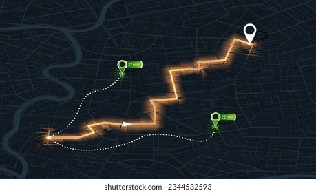 Futuristic Route Dashboard GPS Map Tracking: Cutting-edge Technology for Navigation and Tracking Routes. Pick up taxi. Passenger location sharing for driver. City top view. Vector Illustration.