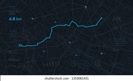 Futuristic route dashboard GPS tracking map, navigate mapping technology and locate position pin on the streets of the city Berlin, high tech vector background