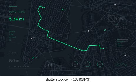 Futuristic route dashboard GPS tracking map, navigate mapping technology and final destination on the streets of the city New York, high tech vector background