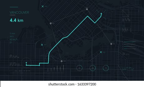 Futuristic route dashboard GPS tracking map, navigate mapping technology and locate position pin on the streets of the city Vancouver