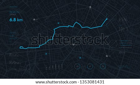 Futuristic route dashboard GPS tracking map, navigate mapping technology and locate position pin on the streets of the city Berlin, high tech vector background