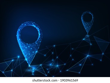 Futuristic route planning using map application on GPS smart device concept with glowing low polygonal map pin icons on dark blue background. Modern wireframe mesh design vector illustration