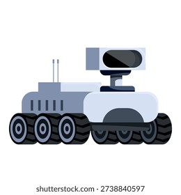 Futuristic rover traversing alien landscape, conducting scientific research and exploration on a distant world