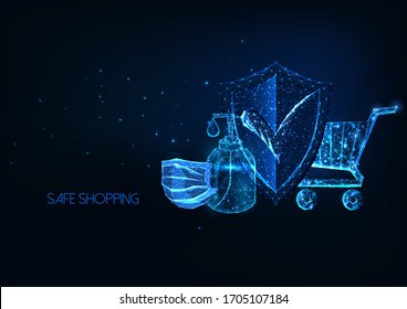 Futuristic safe shopping during coronavirus pandemic quarantine concept with glowing low polygonal shield, shopping cart, hand sanitizer and mask on dark blue background. Modern wire frame vector. 