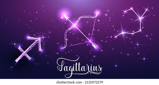 Futuristic Sagittarius zodiac sign on dark purple background. Glowing low polygonal design vector. 