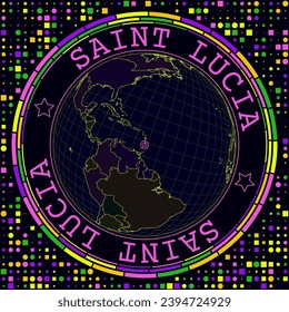 Futuristic Saint Lucia on globe. Bright neon satellite view of the world centered on Saint Lucia. Geographical illustration with the shape of the country and a geometric background.