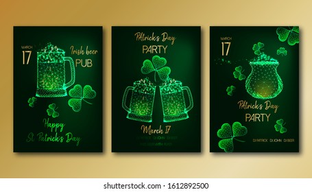 Futuristic Saint Patrick Day party flyers set template with glowing low polygonal beer mugs, clover leaves and gold pot on dark green background. Modern wire frame mesh design vector illustration. 