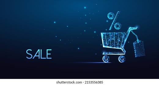 Futuristic sale, online shopping concept with glowing shopping cart, percent discount sign and tag