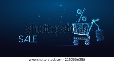 Futuristic sale, online shopping concept with glowing shopping cart, percent discount sign and tag