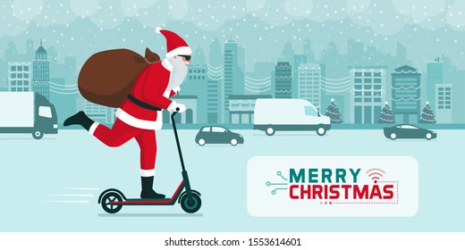 Futuristic Santa Claus carrying gifts on a electric kick scooter in the city street at Christmas