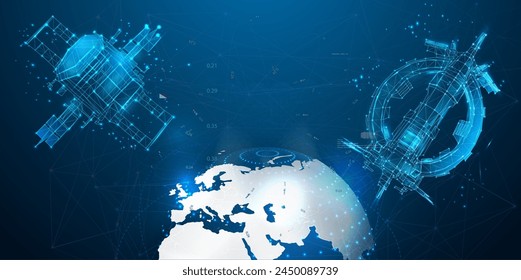 Futuristic satellite and abstract global network design. Digital connections and data exchange over Earth, symbolizing global communication. Digital Satellite and Globe Network Concept.