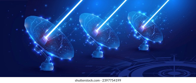 Futuristic Satellite Communication Array Transmitting Data in Space. Astronomy. A large satellite dish transmits and receives a signal from space. Vector illustration 