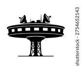 Futuristic Satellite Communications Hub Building Icon with Radar Dishes Representing Deep Space Tracking Station and Global Data Transmission Infrastructure
