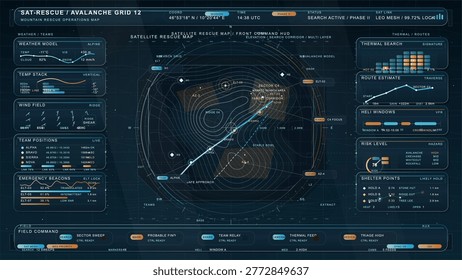 Futuristic satellite mountain rescue command interface with avalanche search map, thermal scan panels, team tracking, route estimates and emergency beacon data