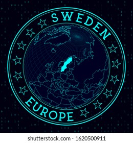 Futuristic satellite view of the world centered to Sweden. Country badge with map, round text and binary background. Radiant vector illustration.
