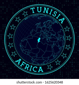 Futuristic satellite view of the world centered to Tunisia. Country badge with map, round text and binary background. Authentic vector illustration.