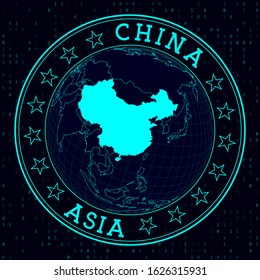 Futuristic satellite view of the world centered on China. Country badge with map, round text, and binary background. Captivating vector illustration.